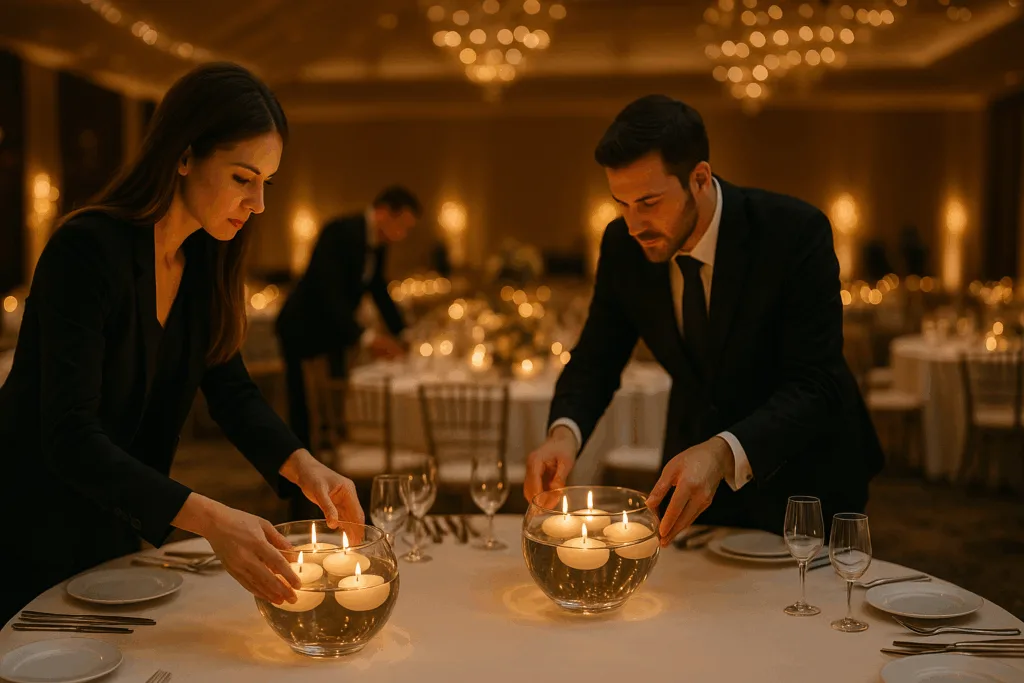 Quality in Bulk: Sourcing Custom Floating Candles for Large-Scale Events 5 Event planners arranging floating candle centerpieces before a gala dinner