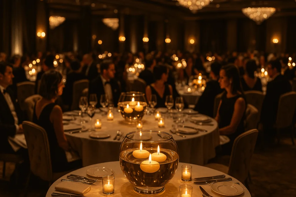 Corporate gala dinner decorated with floating candles in glass bowls