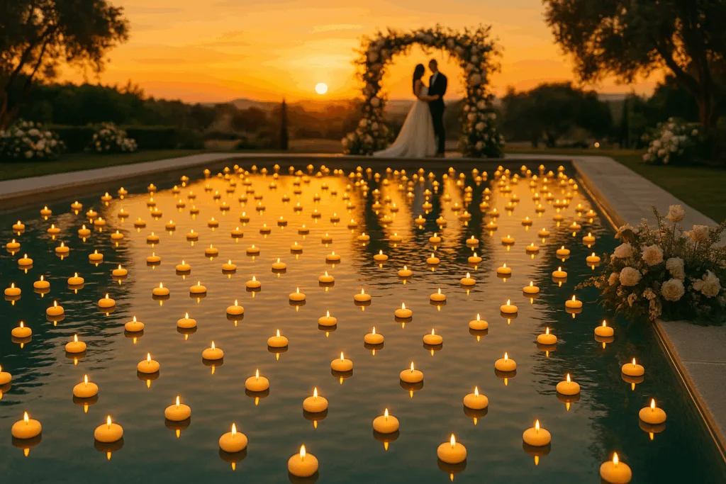 Quality in Bulk: Sourcing Custom Floating Candles for Large-Scale Events 1 Romantic wedding pool decorated with floating candles at sunset