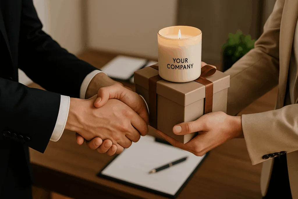 Custom candles presented as thank-you gifts for corporate clients