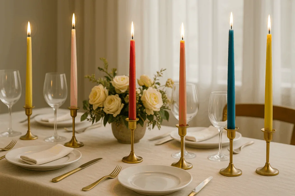 Elegant dining table decorated with colorful taper candles creating a timeless ambiance