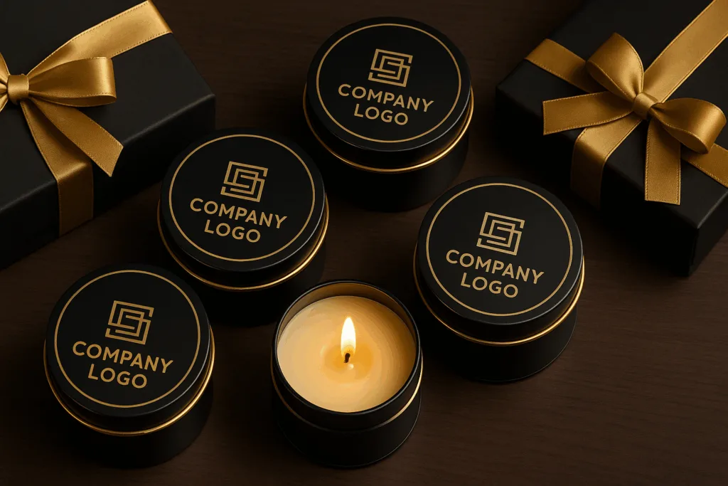 Branded travel tin candles with custom logo and luxury packaging for corporate gifts.
