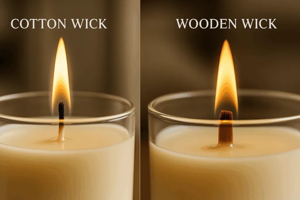 Close-up of cotton wicks and wooden wicks, comparing their textures and burning styles.