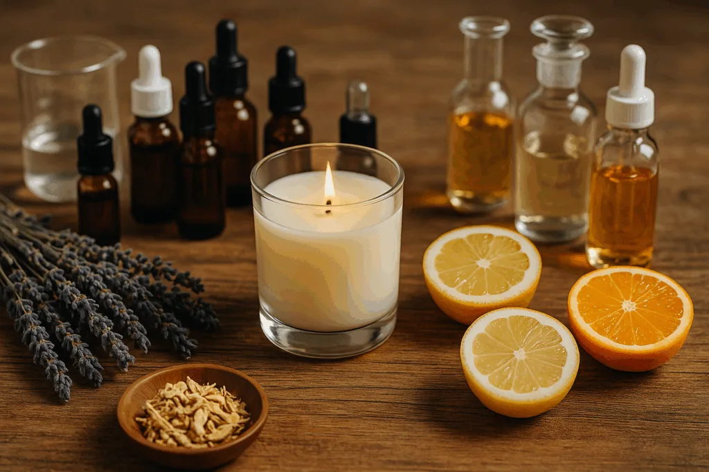 From Concept to Candle: How Our Design Support Brings Ideas to Life 5 Essential oils, herbs, and a lit candle on a table used for developing unique candle scents.
