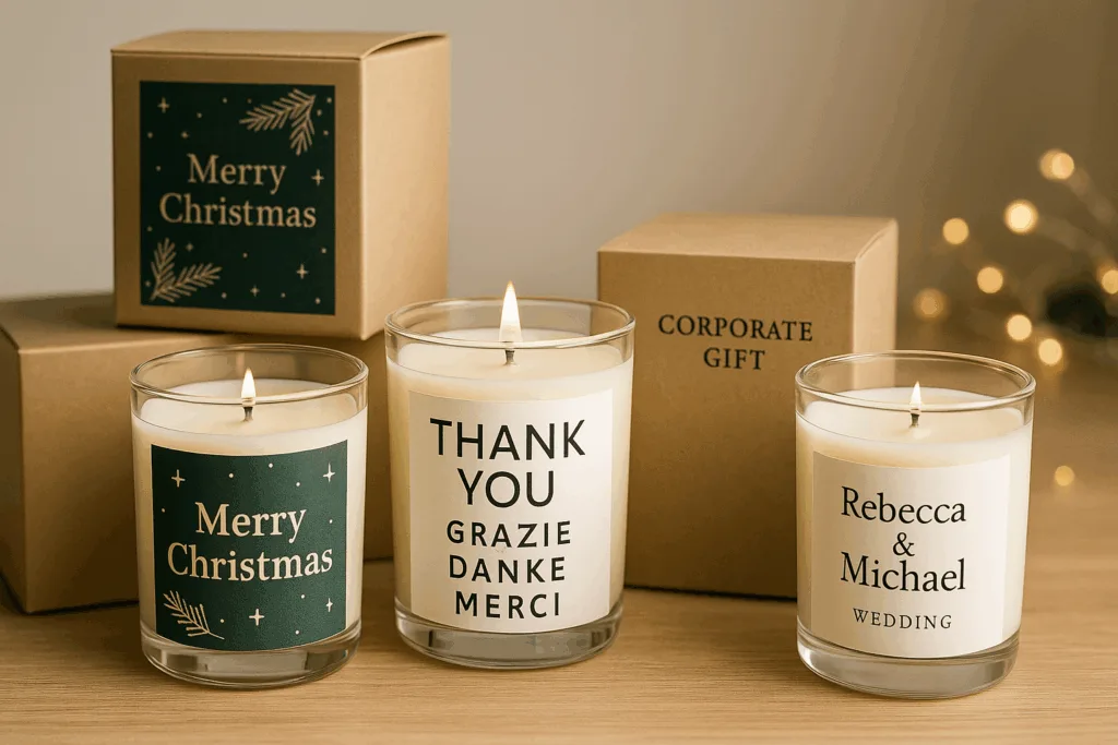 Personalized custom candles with multilingual labels and seasonal packaging
