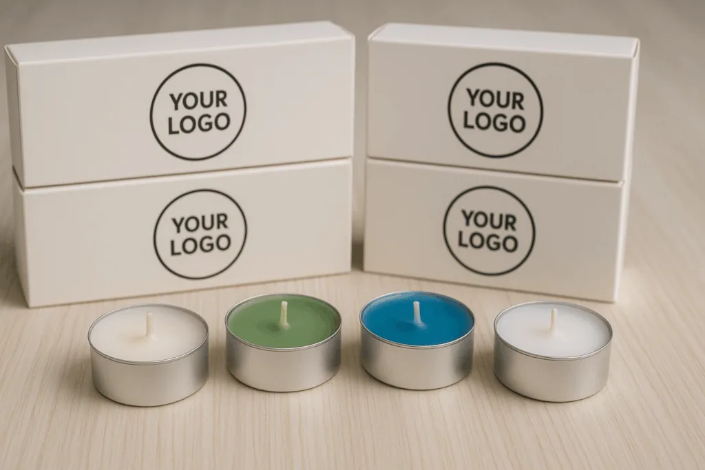 Custom tea lights with branded packaging and colored wax options