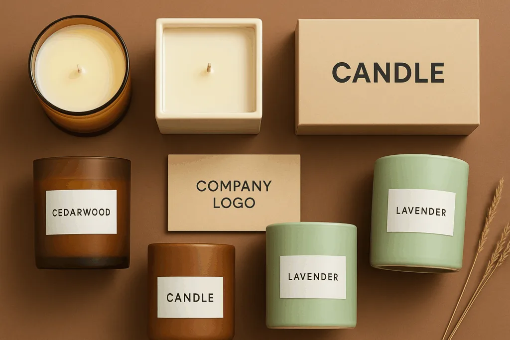 Various customization options for corporate candle gifts including jars, colors, and packaging