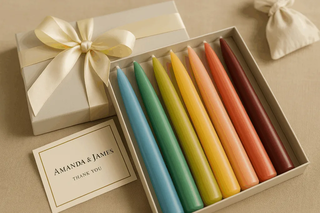 Luxury gift box of colorful taper candles with personalized packaging