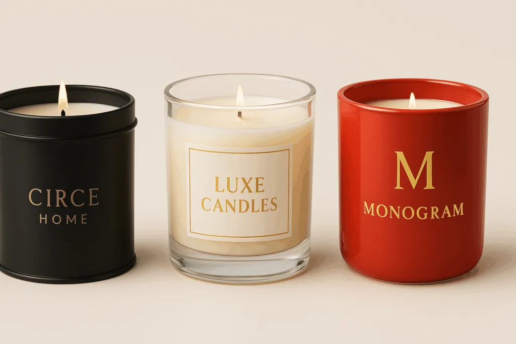 Customized candle containers with engraved logos and colorful finishes representing brand identity.