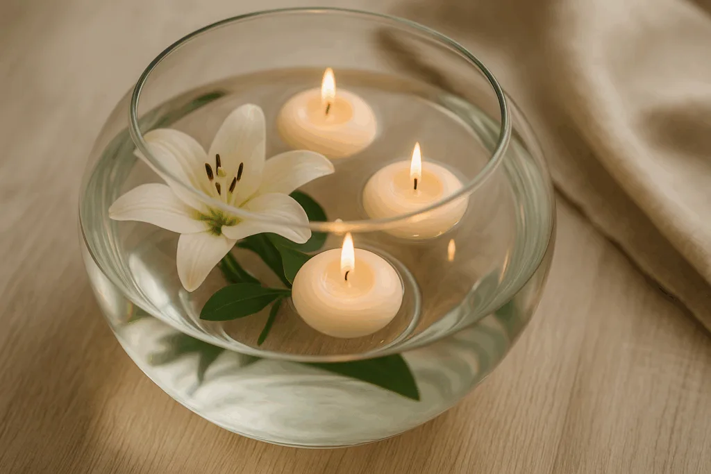 Clear glass bowl with floating candles and white lilies for DIY home décor