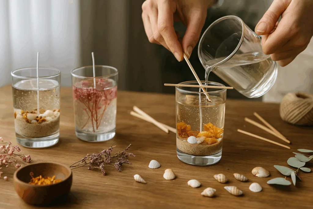 Hands crafting gel candles with transparent gel, glass jars, and dried flowers on a wooden table