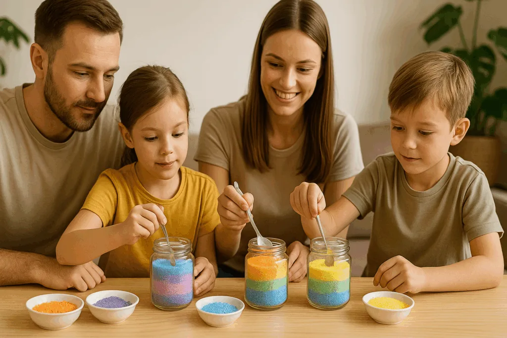 Children and adults creating DIY sand wax candles at home.