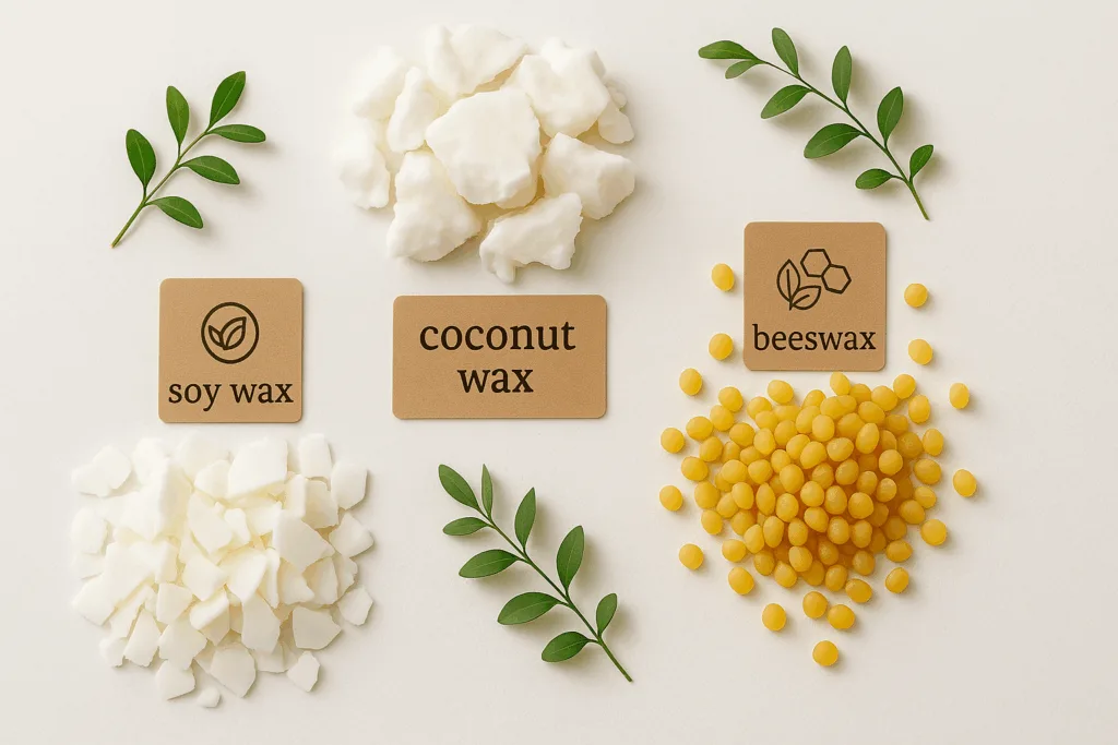 Natural candle wax types like soy, coconut, and beeswax