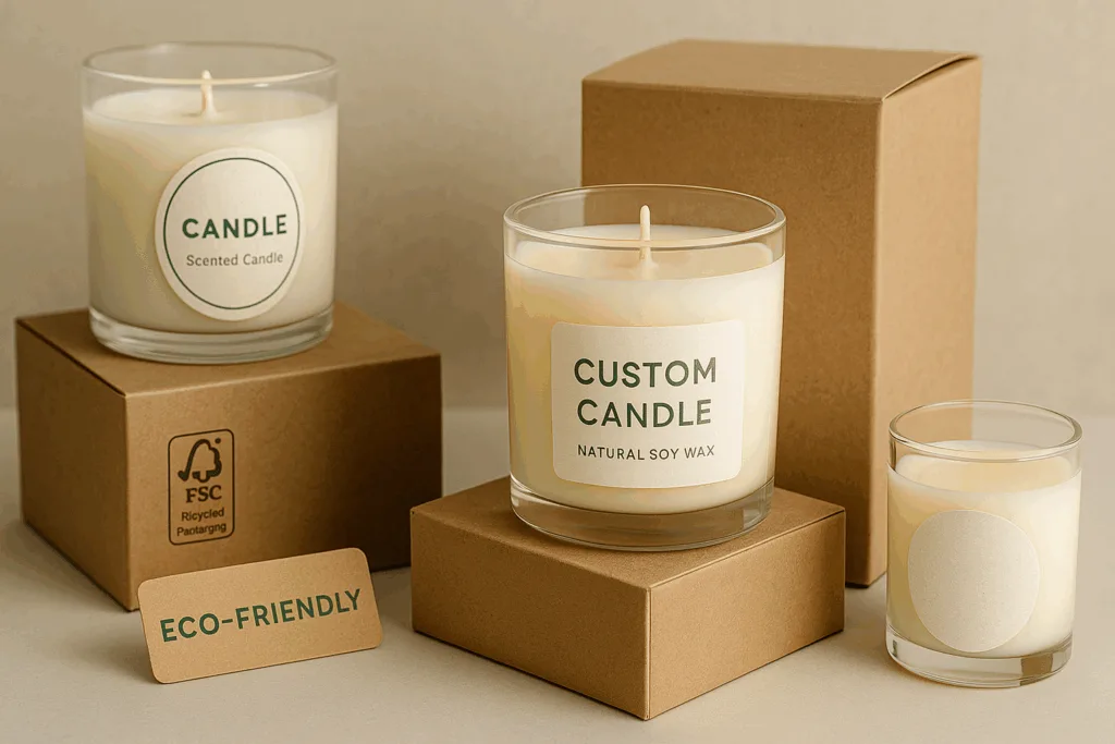 Sustainable packaging for custom candles with FSC paper and recycled materials