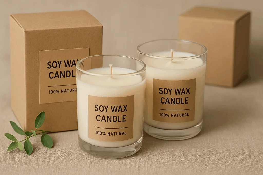 Eco-friendly soy wax candles in glass jars with recyclable packaging, natural tones, sustainability concept