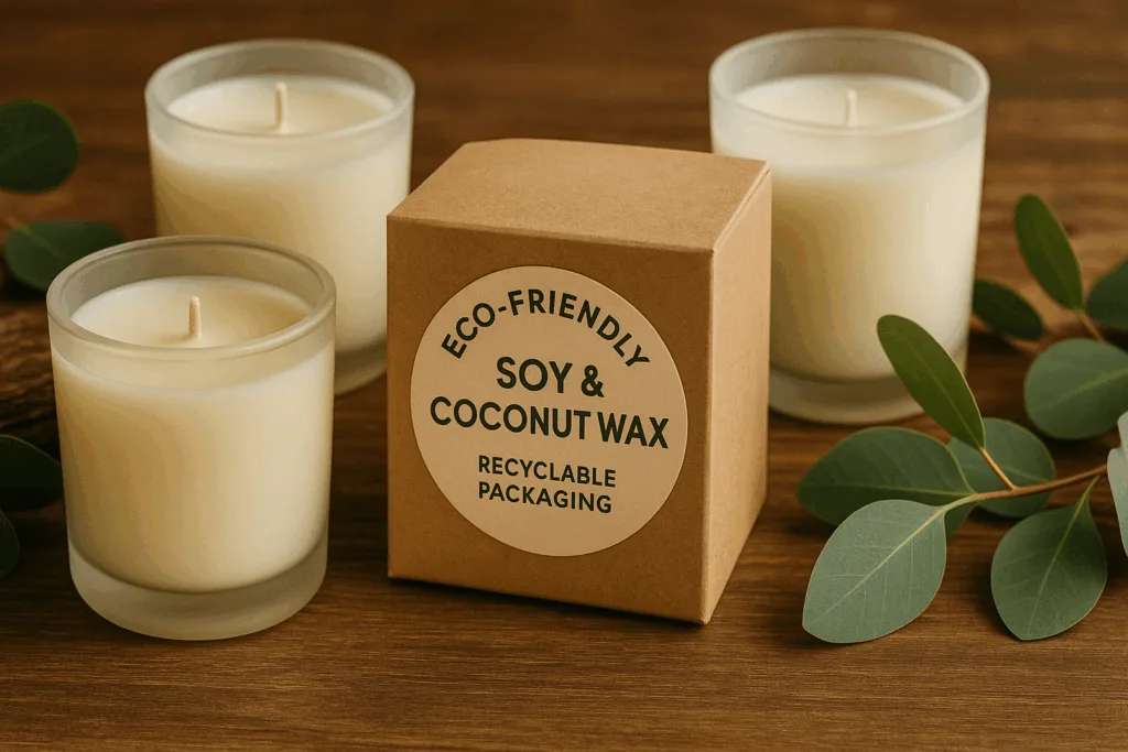 Eco-friendly private label candles made with soy wax and recyclable packaging