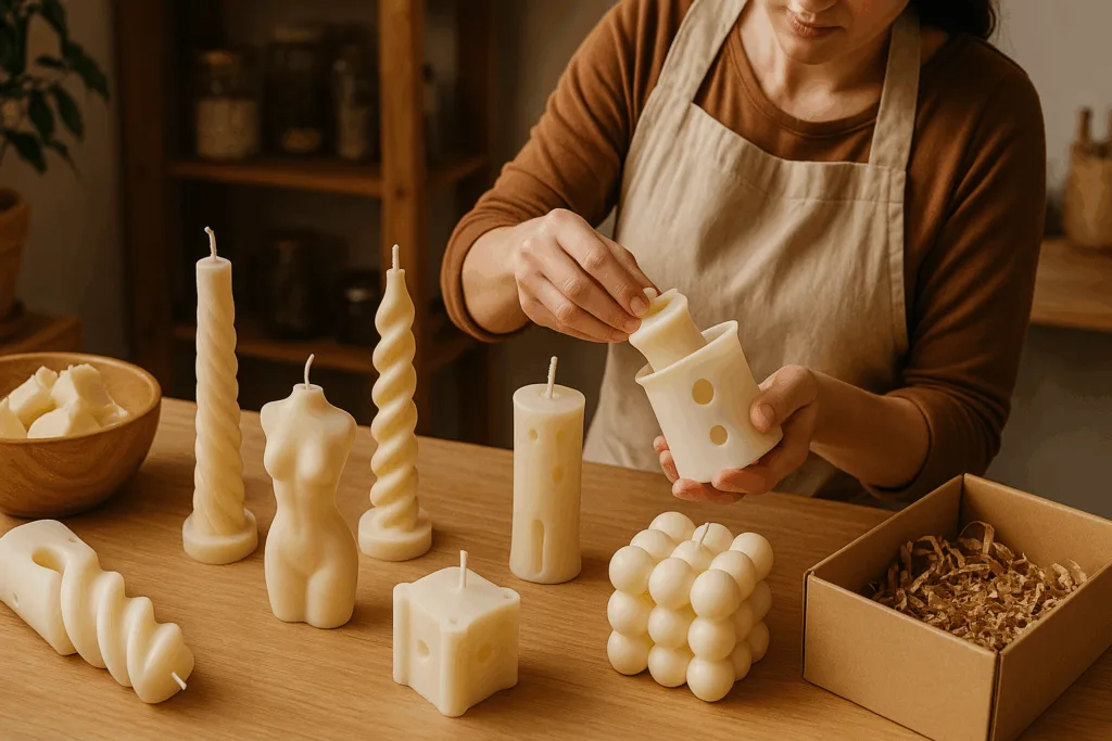 An artisan handcrafting sculptural pillar candles using soy wax and sustainable packaging in a cozy studio.