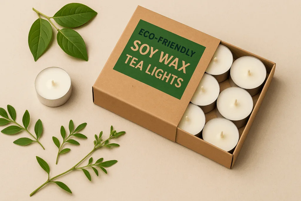 Soy wax tea lights in recyclable packaging with natural eco-friendly design