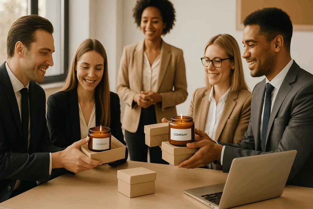 Employees receiving custom candles as corporate appreciation gifts
