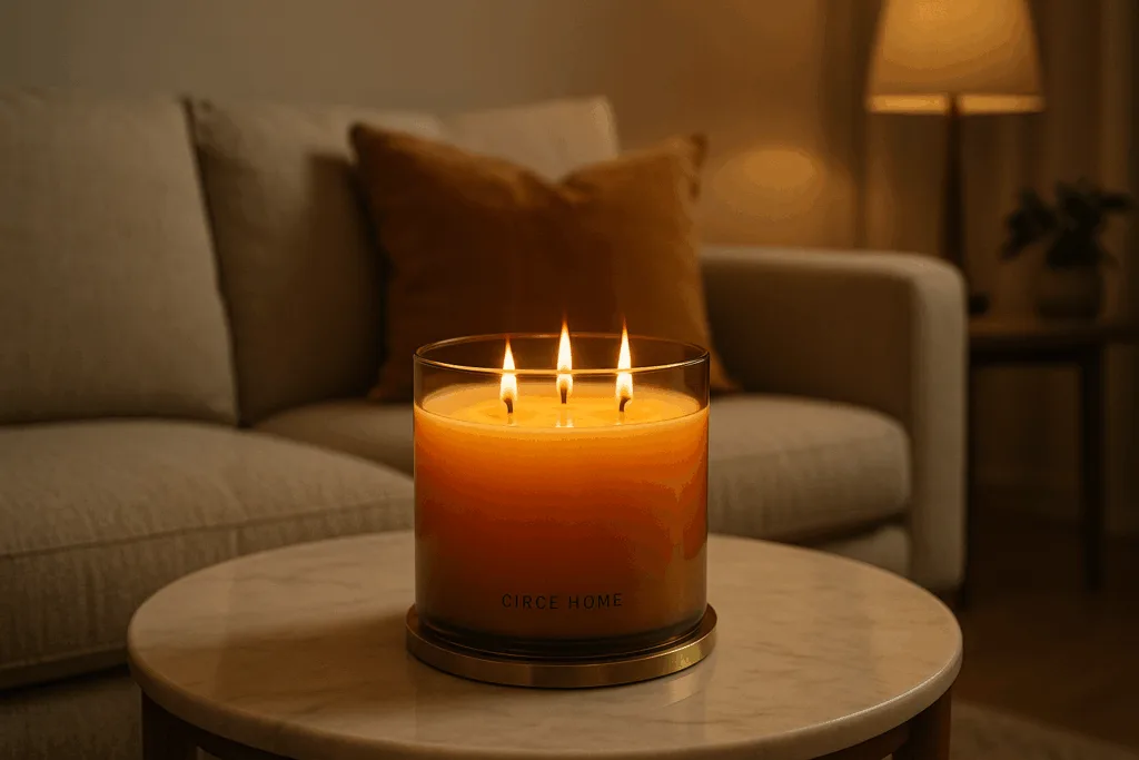 A Circe Home large jar candle burning evenly in a cozy living room setting, creating a warm and relaxing ambiance.