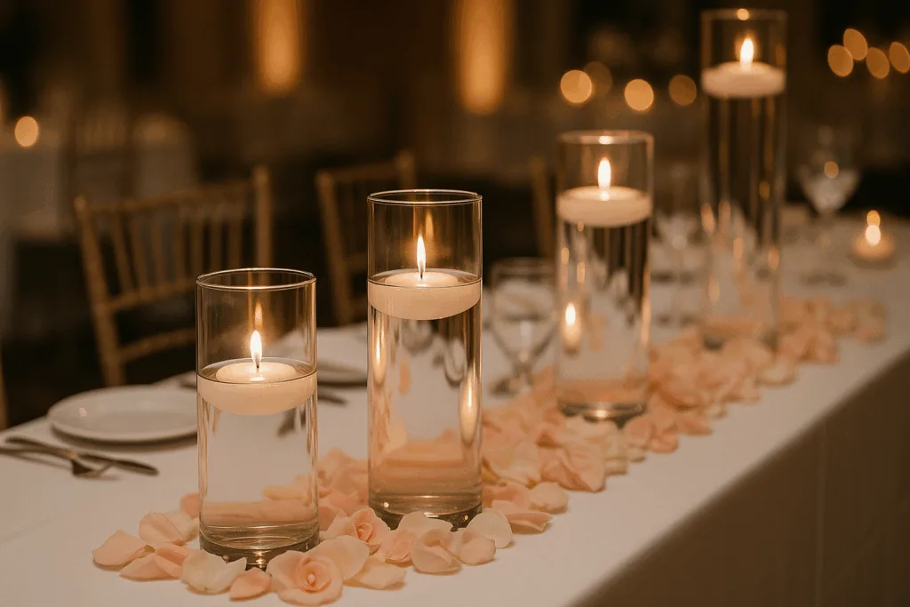 Wedding centerpiece with floating candles in glass vases and rose petals