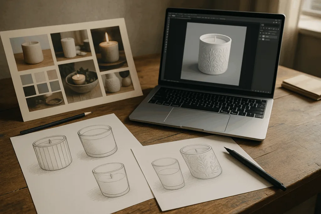 A designer’s desk showing candle sketches, mood boards, and a 3D rendering of a candle design.