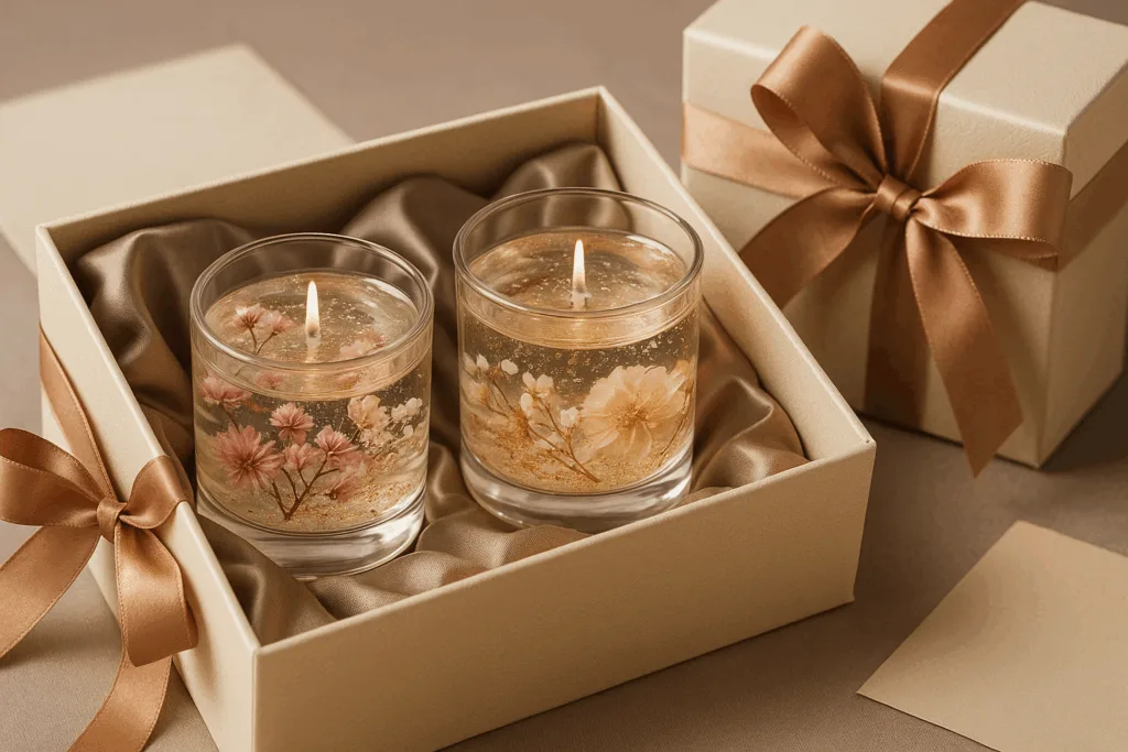 Gift box of gel candles with embedded flowers and elegant packaging