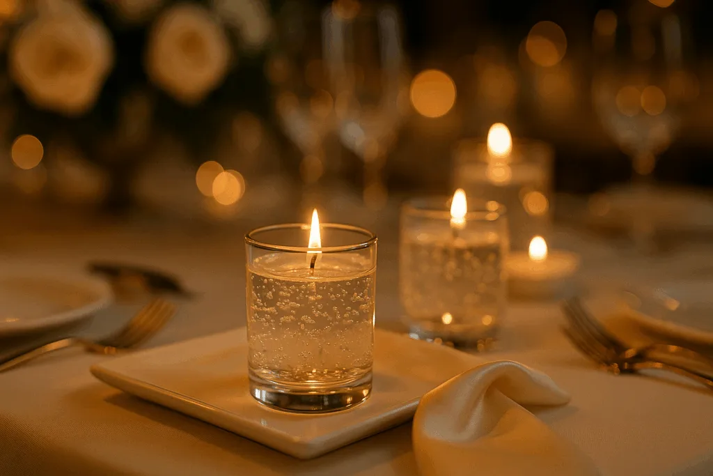 gel candles glowing on event table