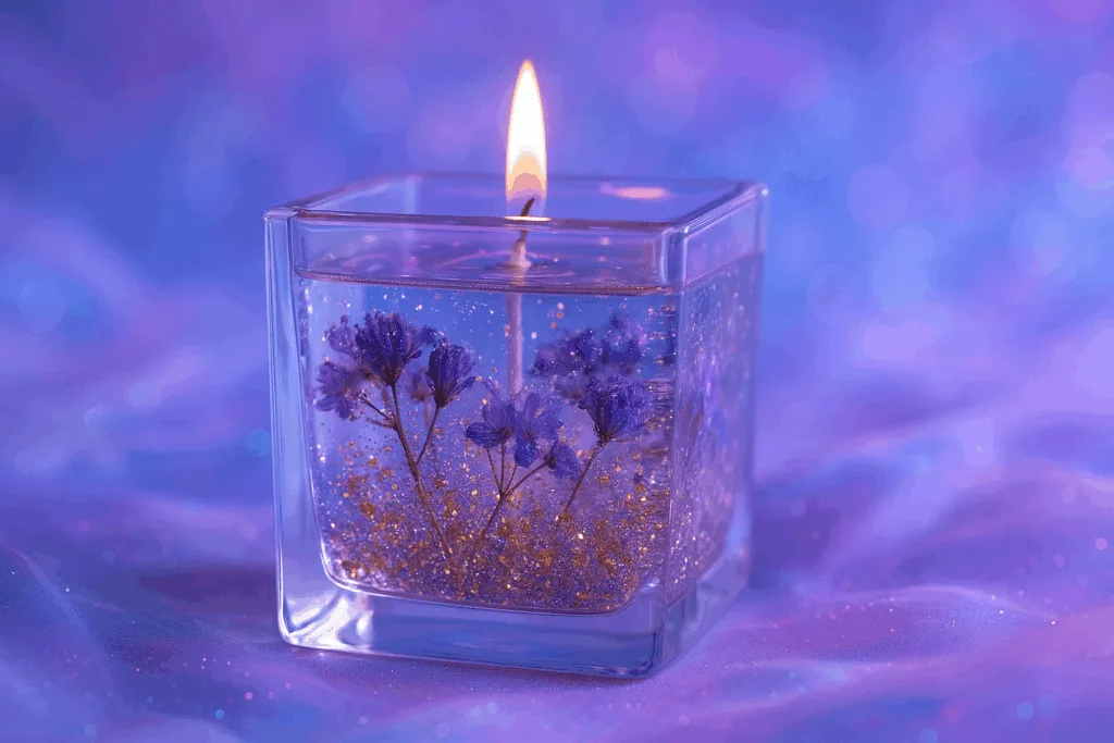 floral-embedded gel candle in clear glass cube