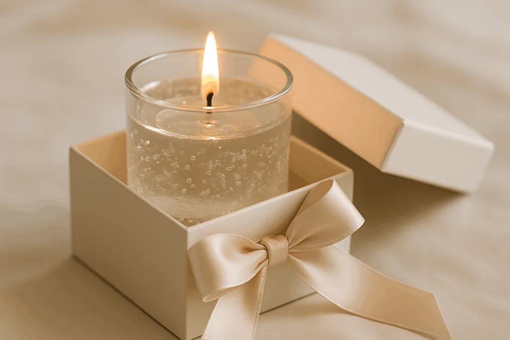 gel candle in elegant gift box with ribbon