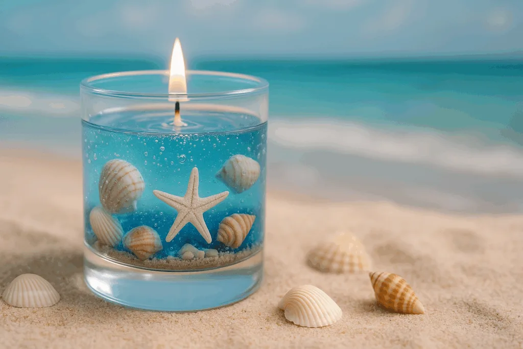 ocean-themed gel candle with starfish and shells