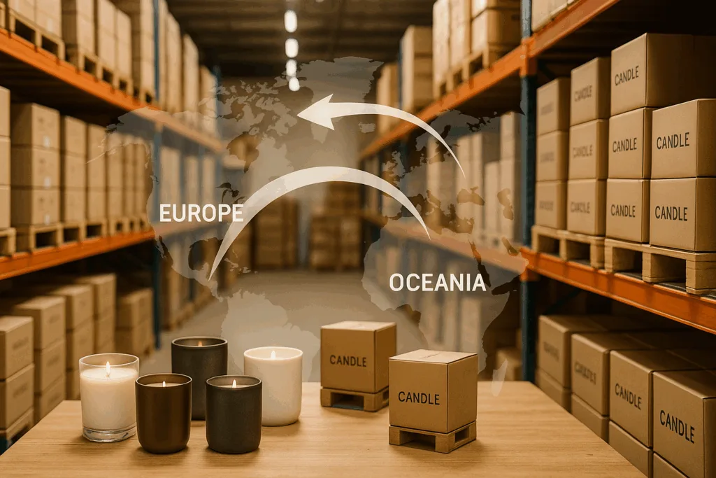 From Concept to Candle: How Our Design Support Brings Ideas to Life 7 A warehouse full of packaged candles with a world map overlay showing global distribution routes.
