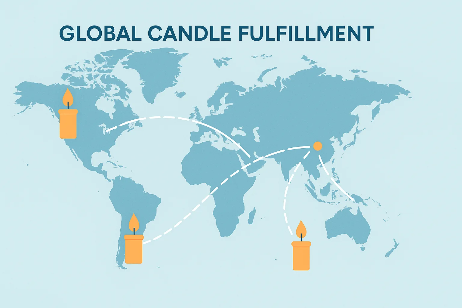 World map showing global fulfillment routes of custom candles from China