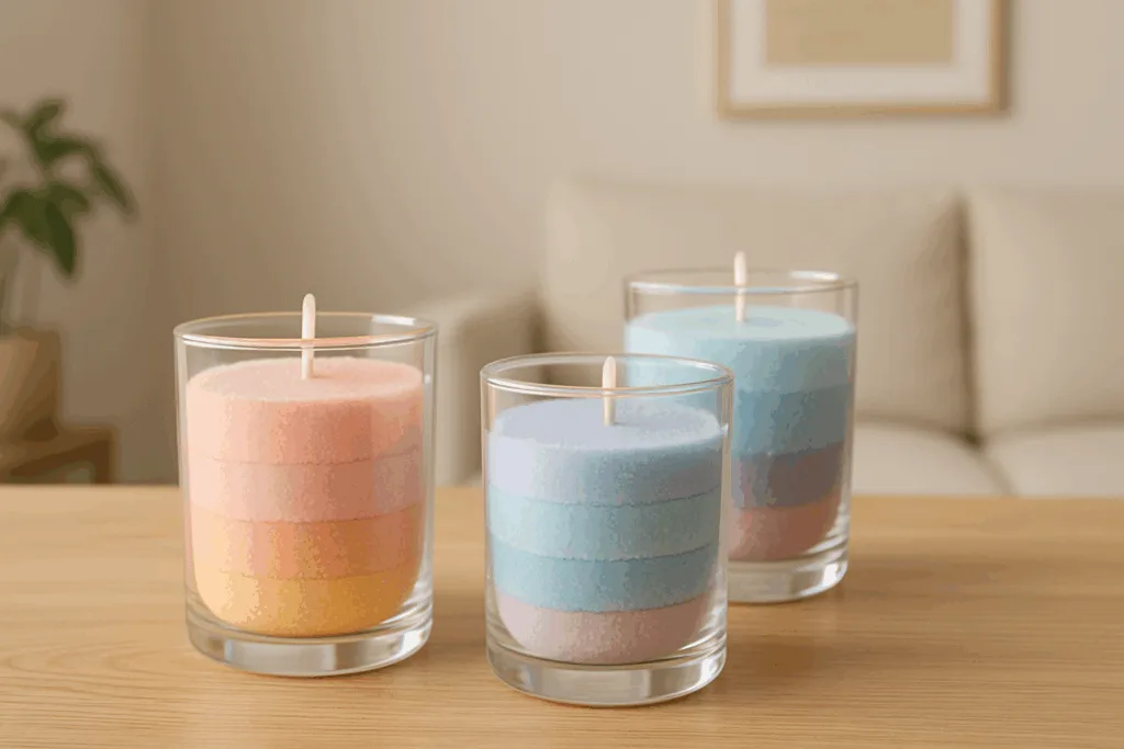 A pastel gradient sand wax candle displayed in a modern home interior.