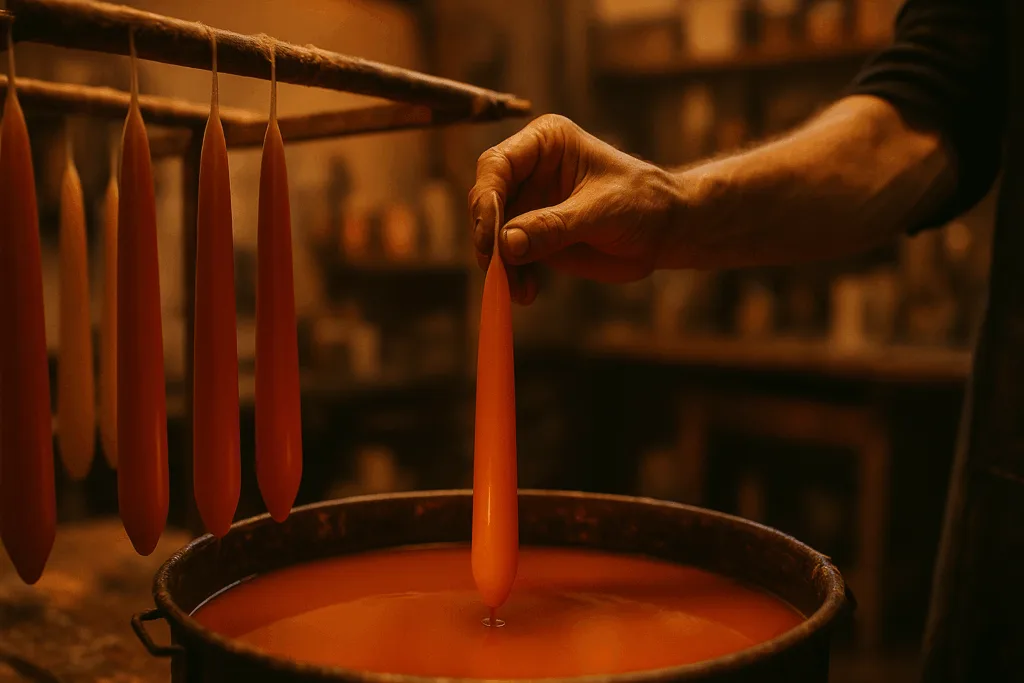 Artisan hand-dipping taper candles showing traditional craftsmanship