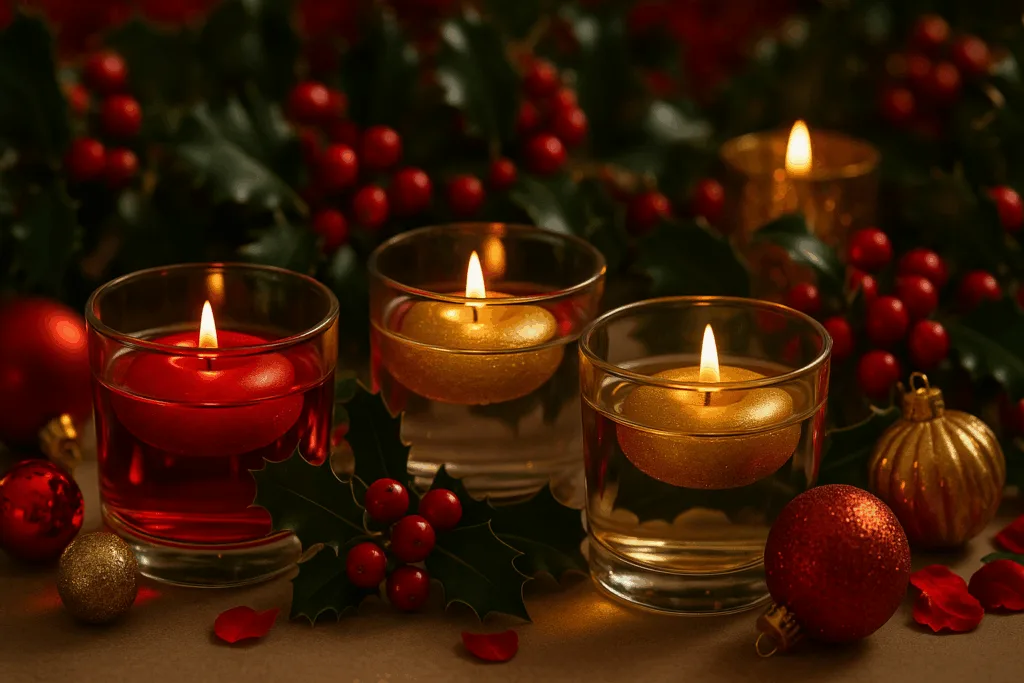 Red and gold floating candles with holly leaves for Christmas décor