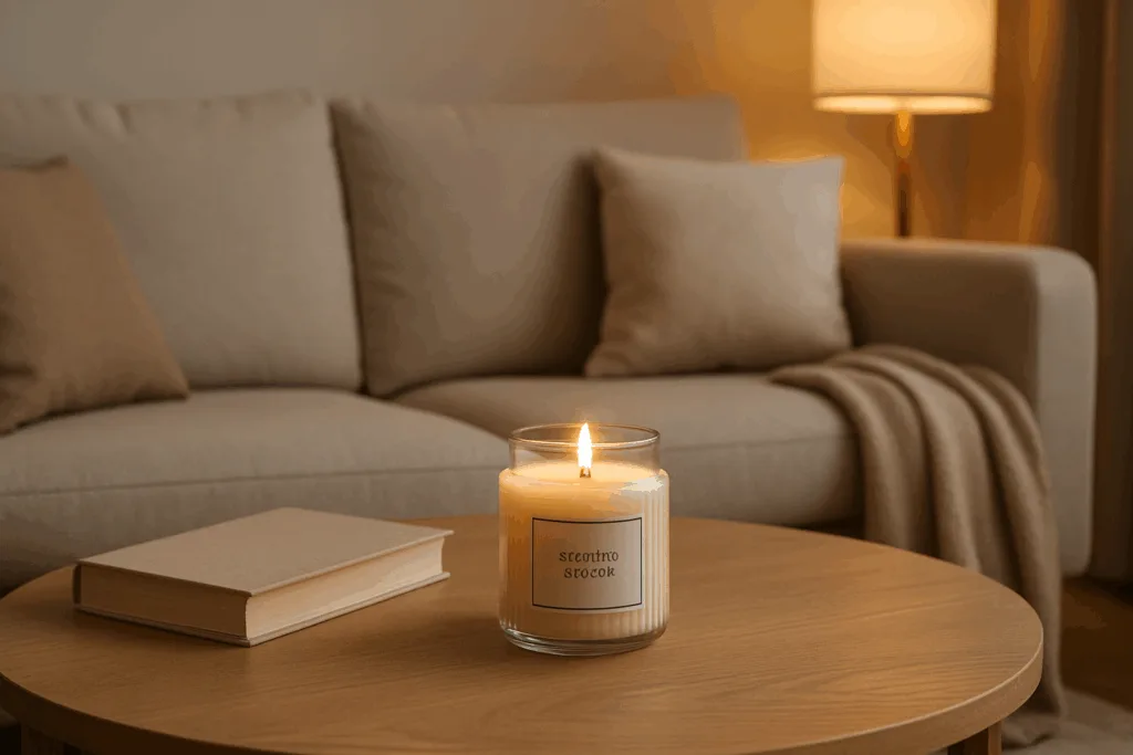 Scented candle burning in a cozy home environment