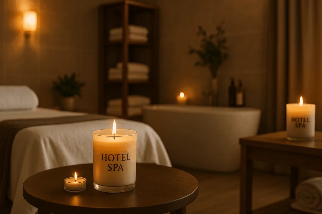 Luxury hotel branded candles enhancing guest spa experience