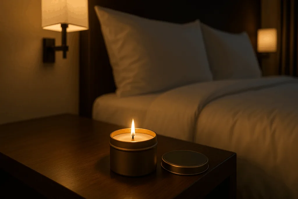 Elegant travel tin candle on a hotel nightstand enhancing guest experience.