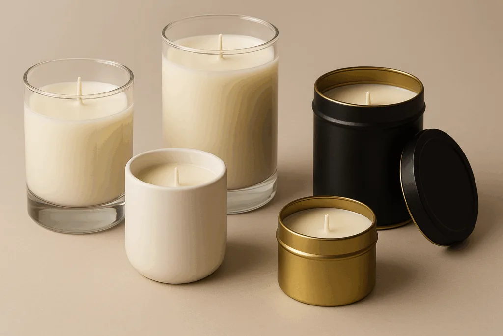 Glass, ceramic, and metal jars used as candle containers for different branding styles.