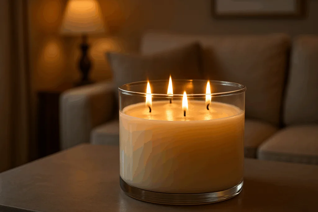 A large luxury candle with multiple wicks burning evenly, showing an even glow without tunneling.