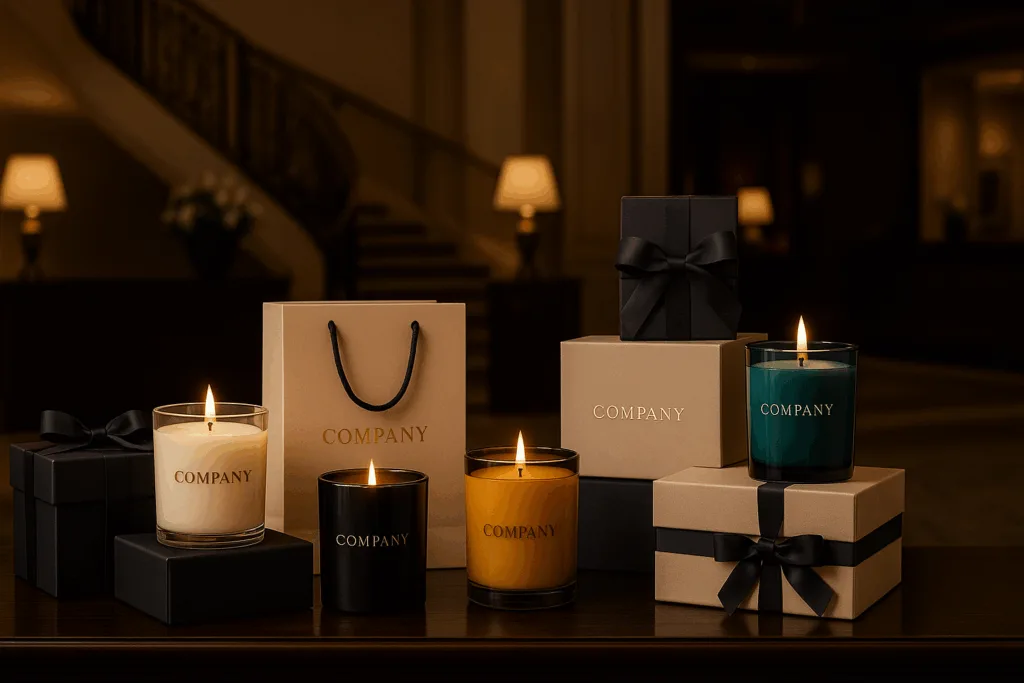 Luxury custom candles used in high-end corporate gifting for hotels and premium brands