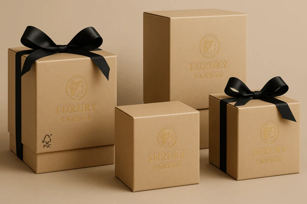 From Concept to Candle: How Our Design Support Brings Ideas to Life 4 Eco-friendly candle packaging with embossed gold logo and FSC-certified paper.