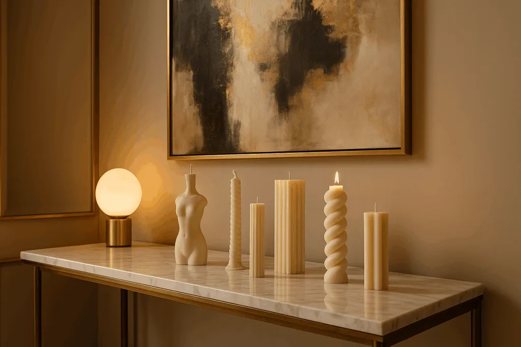 A luxury modern living room styled with sculptural pillar candles, marble furniture, and abstract art pieces.