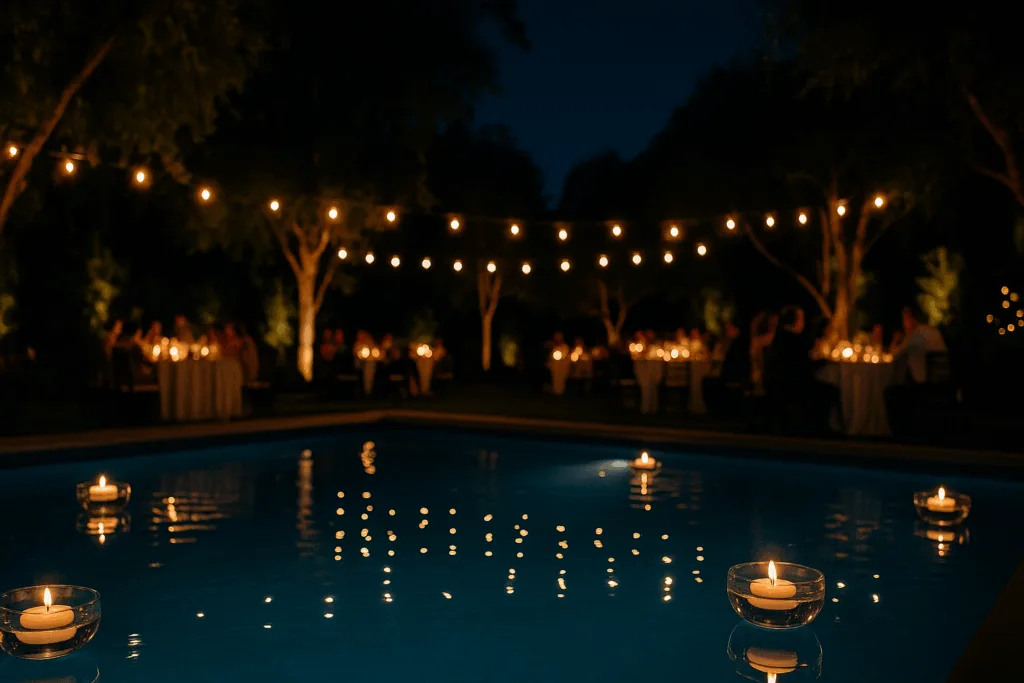 Floating candles on a pool at a garden party reflecting night lights
