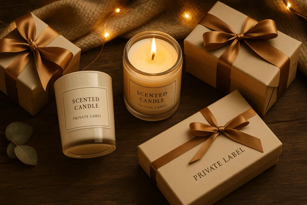 Private label candles displayed with stylish packaging in a cozy home setting
