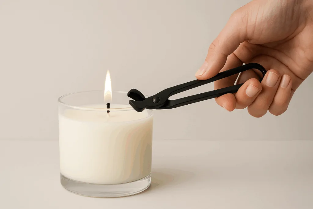 A person trimming a candle wick to 1/4 inch before lighting to ensure clean burning.