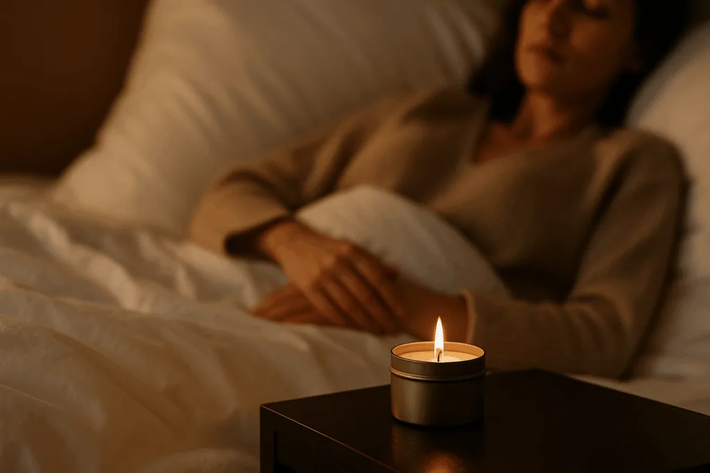 Travel tin candle creating a calming atmosphere for stress relief and sleep.