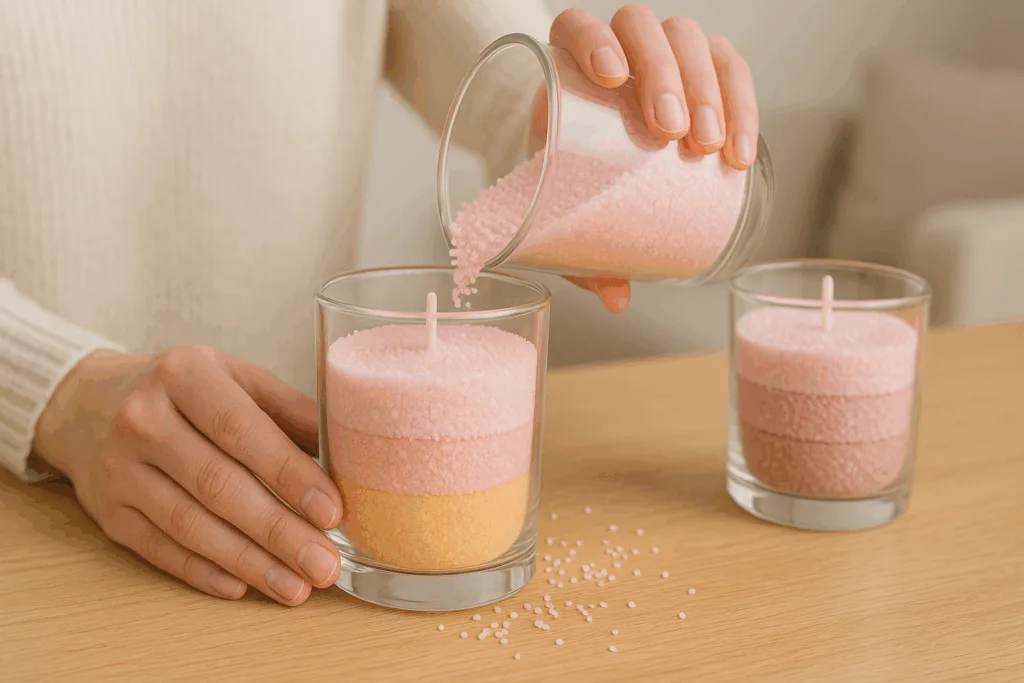 Hands refilling a candle jar with sand wax granules for reuse.
