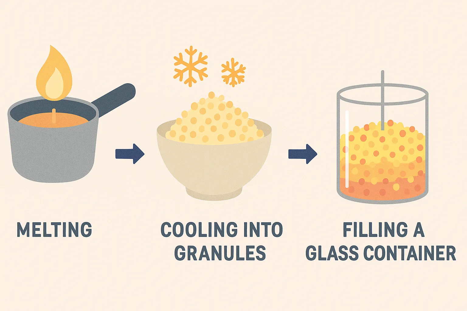 Diagram showing how granulated wax candles are made and placed into containers.